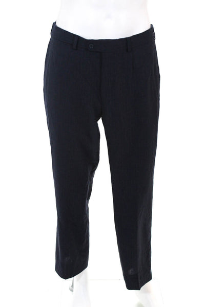 Designer Dark Blue Wool Pinstriped Mens Trousers European Size 52