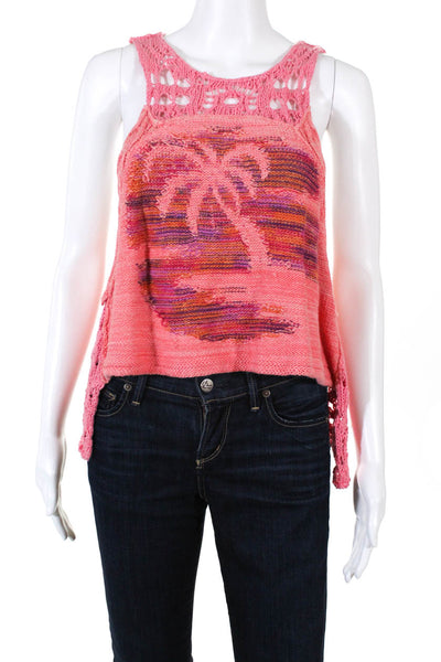 Free People Womens Luau Tank Crochet Asymmetric Shirt Top Pink Cotton Size Small