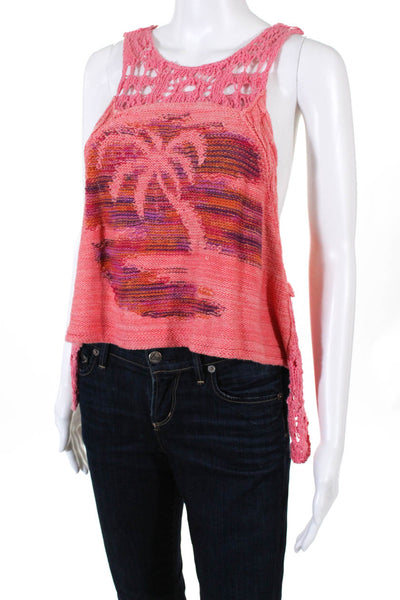 Free People Womens Luau Tank Crochet Asymmetric Shirt Top Pink Cotton Size Small