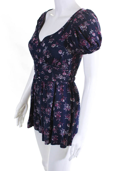Louna Womens Navy Floral Puff Sleeve Romper Blue Size Extra Small 12091660