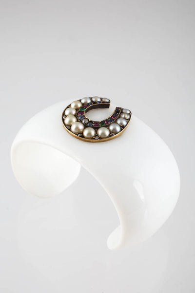 Designer Womens Porcelain Pearl Ruby Diamond Statement Cuff Bracelet White Gold
