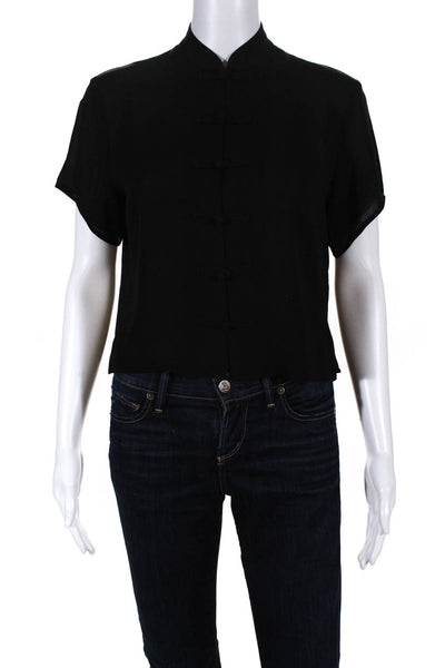 Harari Black Silk Short Sleeve Floral Print Blouse Top Size Extra Small