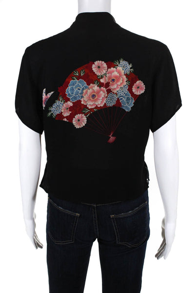 Harari Black Silk Short Sleeve Floral Print Blouse Top Size Extra Small