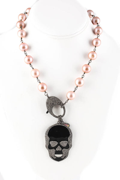 Designer Sterling Silver Black Enamel Diamond Skull Pearl 16" Necklace
