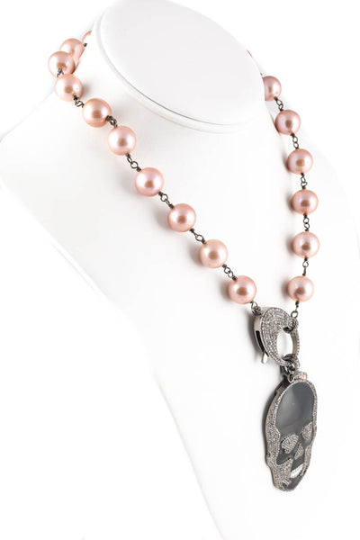 Designer Sterling Silver Black Enamel Diamond Skull Pearl 16" Necklace