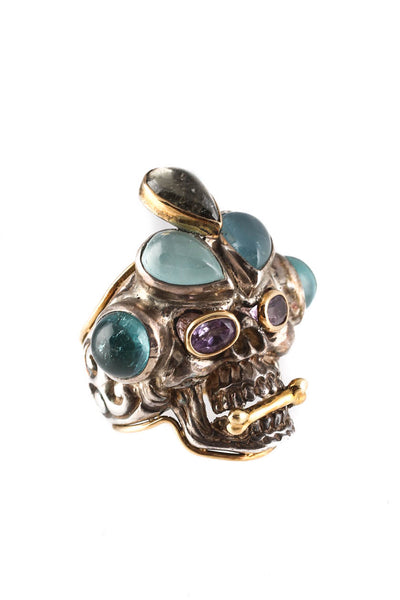 Pietra Dura 18KT Yellow Gold Sterling Silver Tourmaline Skull Ring Size 7