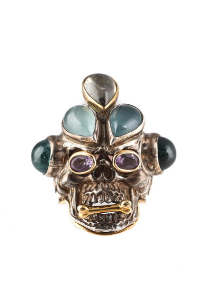 Pietra Dura 18KT Yellow Gold Sterling Silver Tourmaline Skull Ring Size 7