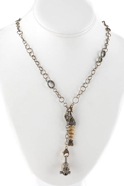 Sally Sohn 18KT Yellow Gold Diamond 20" Chain Skull Fish Charm Necklace