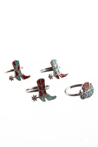 Designer Sterling Silver Turquoise Inlay Ring Set Silver Turquoise Red Size 5