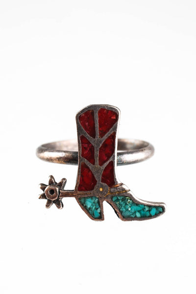 Designer Sterling Silver Turquoise Inlay Ring Set Silver Turquoise Red Size 5