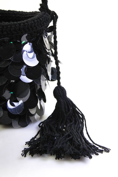 Nannacay Crocheted Tassel Paetes Mini Oak Bag Handbag Black