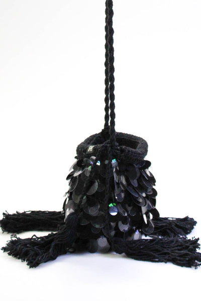 Nannacay Crocheted Tassel Paetes Mini Oak Bag Handbag Black