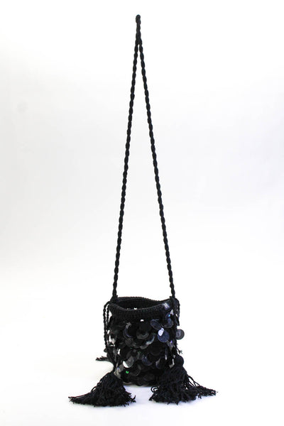 Nannacay Crocheted Tassel Paetes Mini Oak Bag Handbag Black