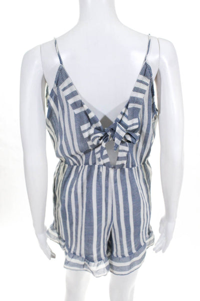 Tularosa Womens Striped Sleeveless V-Neck Mini Romper Blue White Size M