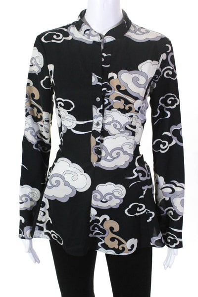 Natori Womens Long Sleeve V Neck Half Button Print Blouse Black Size S 12999136