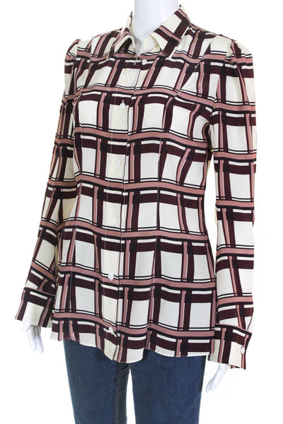 Marni Womens Silk Long Sleeve Checkered Polo Neck Shirt Brown Cream Size 38 IT