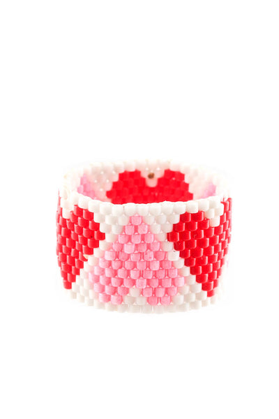 Designer Womens White Pink Red Beaded Hearts Band Ring Size 9.5