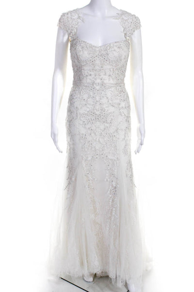 Monique Lhuillier Womens Radiance Lace Crystal Wedding Dress Ivory Size 0