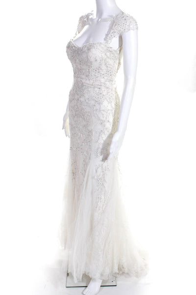 Monique Lhuillier Womens Radiance Lace Crystal Wedding Dress Ivory Size 0