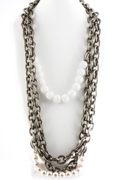 Designer Womens Silver Tone 34" Chunky Chain Link Faux Pearl Beaded Necklace