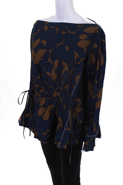 Marni Womens Belou Print Poplin Blouse Navy Blue Brown Size 42 Italian 11643006