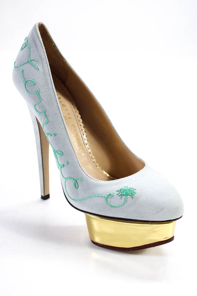 Charlotte Olympia Womens Suede Embroidery Stiletto Platform Pumps Blue Size 6.5