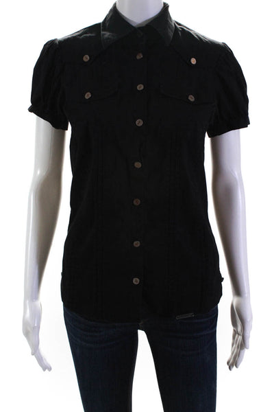Galliano Womens Button Front Short Sleeve Collared Shirt Black Cotton Size IT 42