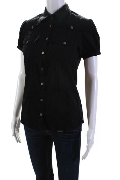 Galliano Womens Button Front Short Sleeve Collared Shirt Black Cotton Size IT 42