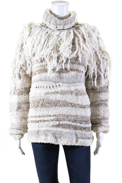 Prabal Gurung Womens Lucca Fringed Turtleneck Sweater Ivory Gold Size Large