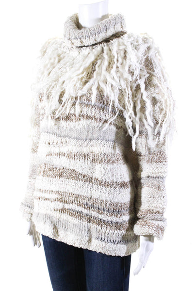 Prabal Gurung Womens Lucca Fringed Turtleneck Sweater Ivory Gold Size Large
