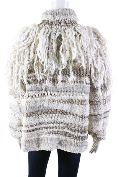 Prabal Gurung Womens Lucca Fringed Turtleneck Sweater Ivory Gold Size Large