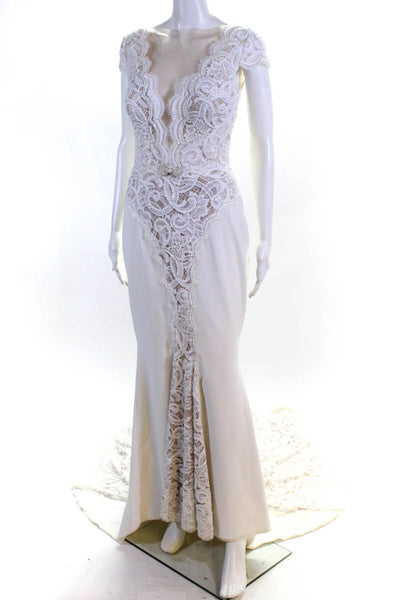Berta Womens Illusion Neckline Lace Beaded Mermaid Wedding Dress White Size 42