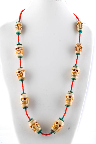 Designer Womens Turquoise Coral Carved Resin Skull Beaded Necklace
