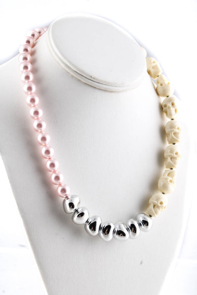 Florian Silver Tone Faux Pink Pearl Resin Skull Beaded Strand Necklace