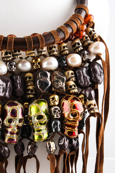 Delfina Delettrez Womens Gold Tone Enamel Carved Agate Skull Fringe Bib Necklace