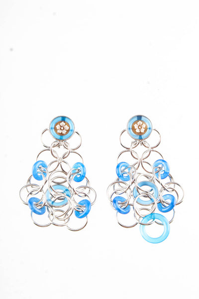 Designer Silver Tone Blue Resin Floral Chain Mesh Chandelier Earrings