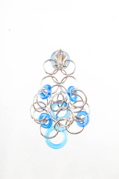 Designer Silver Tone Blue Resin Floral Chain Mesh Chandelier Earrings