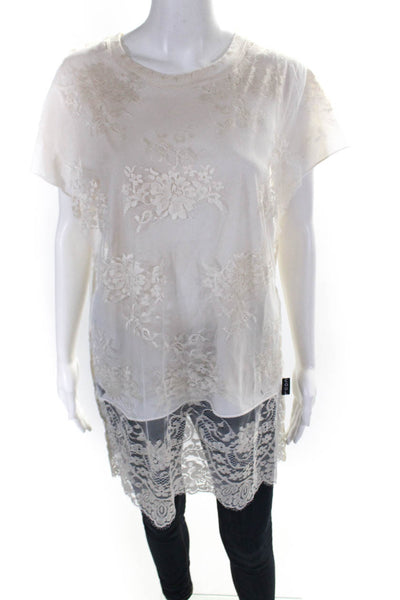 Cool TM Womens Short Sleeve Crew Neck Grunge Lace T Shirt White Size XS