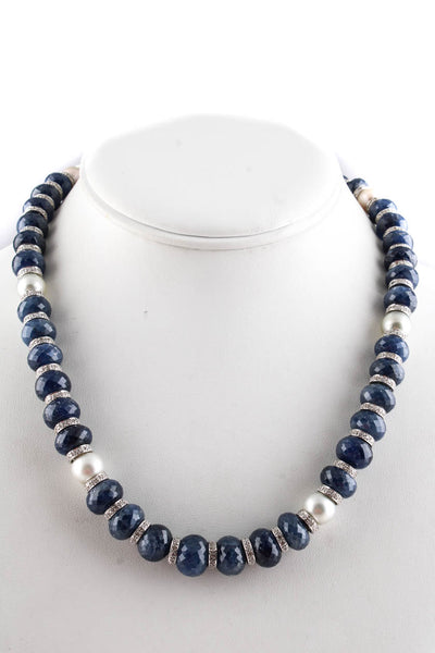 David Harris 18K White Gold Blue Sapphire Diamond Pearl Beaded Necklace In Pouch