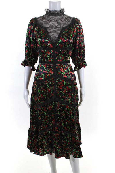 Valentino  Womens Lace Trim Paneled Floral Print Dress Black Red Size 8