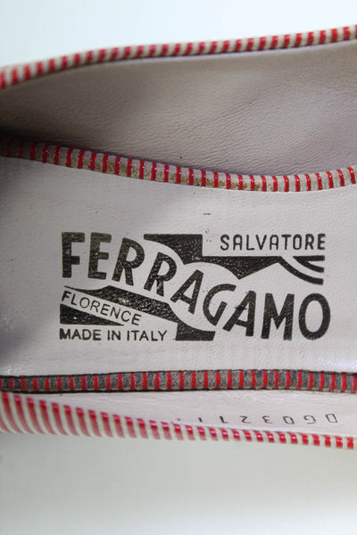 Salvatore Ferragamo Womens Striped Suede Peep Toe Pumps Beige Red Size 5 Wide
