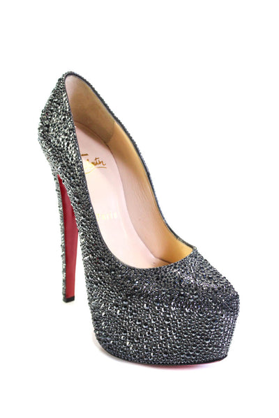 Christian Louboutin Womens Ultra High Heels Platforms Silver Tone Sequins Size37