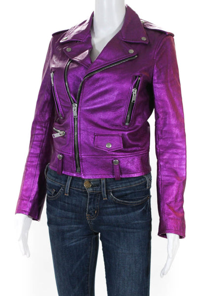 Saint Laurent Womens Front Zip Metallic Leather Motorcycle Jacket Pink FR 36