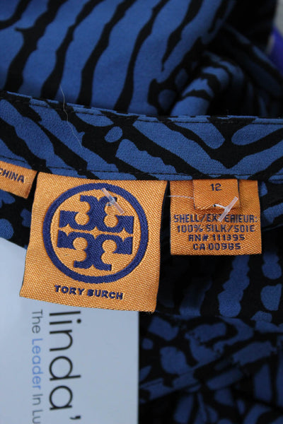 Tory Burch Womens Sleeveless Ruffle Animal Print Blouse Blue Black Size 12