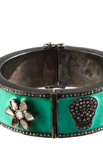 Designer Womens Floral Diamond Skull Enamel Bracelet Green