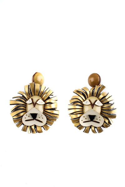 Designer Womens Diamond Eyed Lion Clip On Earrings Yellow