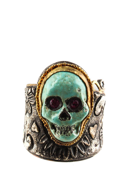 Pietra Dura Womens 18KT Sterling Silver Floral Etched Skull Ring Gold