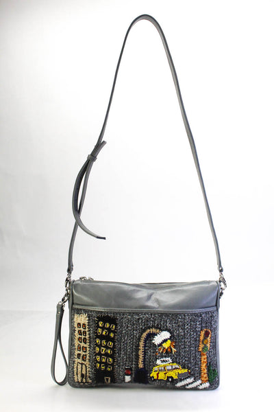Letta Womens Leather Crochet New York Clutch With Shoulder Strap Gray Handbag