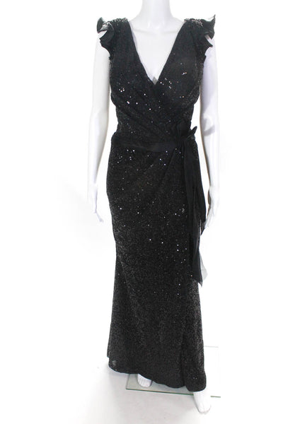 Tony Ward  Womens Sequin Beaded Pleated V Neck Gown Black Size 44