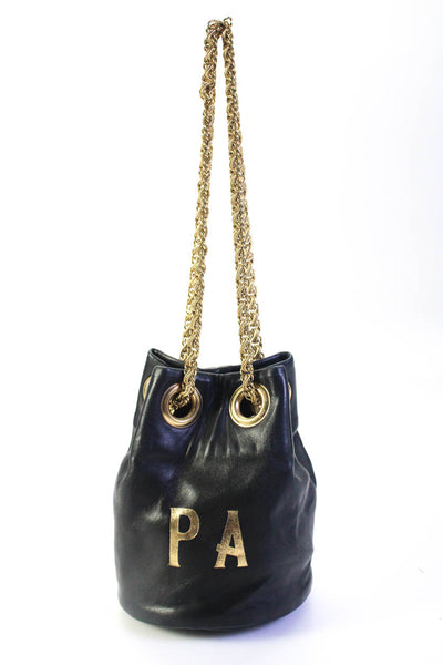 Delphine Delafon Womens Foil Initial Black Leather Bucket Crossbody Handbag